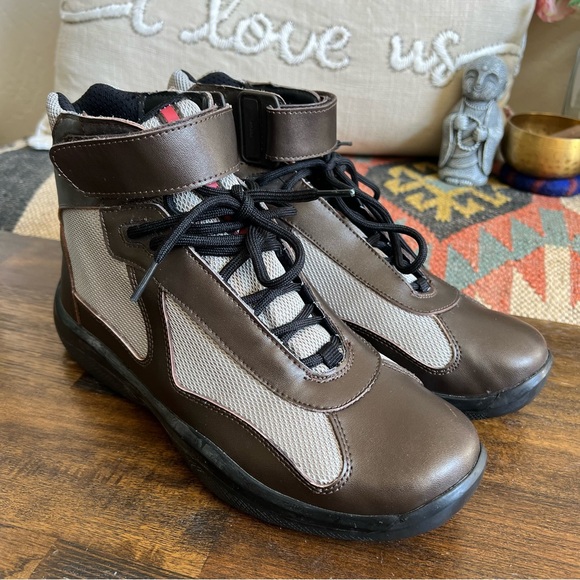 Prada Vernice Brown Leather And Mesh High Top Sneakers US9 - Picture 1 of 17
